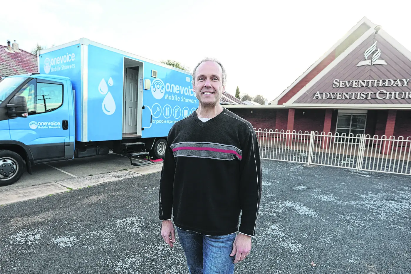 Orange SDA Church pastor Lorenzo Berry hopes to expand the free mobile shower service that currently operates from 6pm to 8pm every Wednesday in the Civic South Court, behind the library.