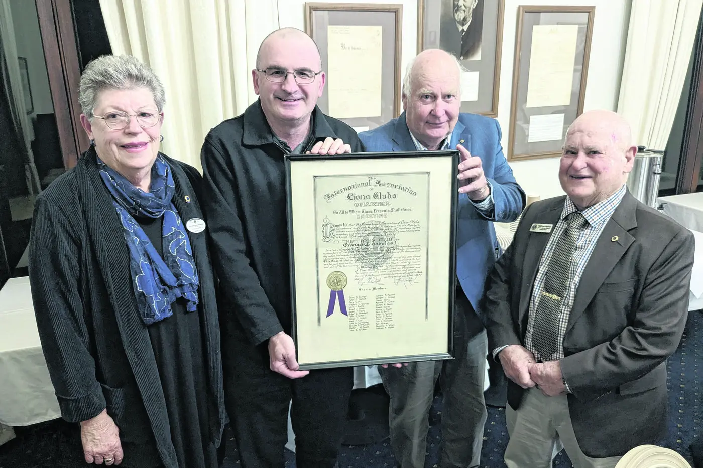 Lions Zone 6 Chairman Barbara Andrews, new Orange Lions President Brett Campbell, outgoing president Phil Baker, and Ian Warren of the Bathurst Lions Club who presided over the changeover.
