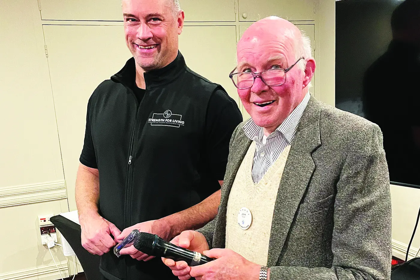 Recent guest speaker Matthew Cordery with John Read.