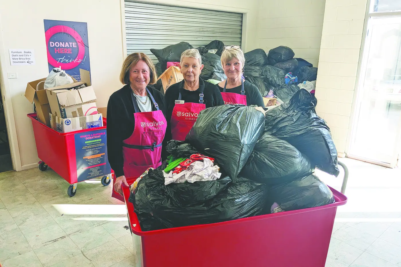 Local Salvo Store volunteers Laureen Harvey, Nerida Noon, and Janet Jones