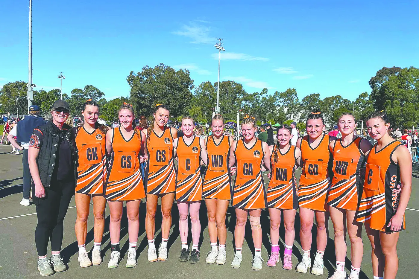 The Orange under-17s side that finished second in Division Two to be promoted to Division One in 2025 included: (l-r) Mardi Aplin (coach), Addie Hollingsworth, Lucy Wilson, Millie Hollingsworth, Grace Simpson, Marley Aplin, Sage Annis-Brown, Mya Simmons, Talia Opetaia, Xanthe Staniforth, and Isla Stringer.