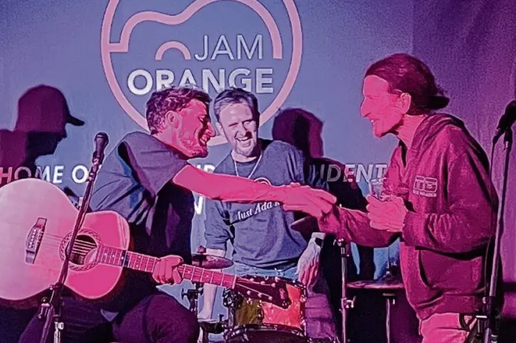 Jam Orange encourages connections. Here Mark Welch, centre, plays with Jeremy Feather, left, and Chris Phillips. Photos: Supplied.