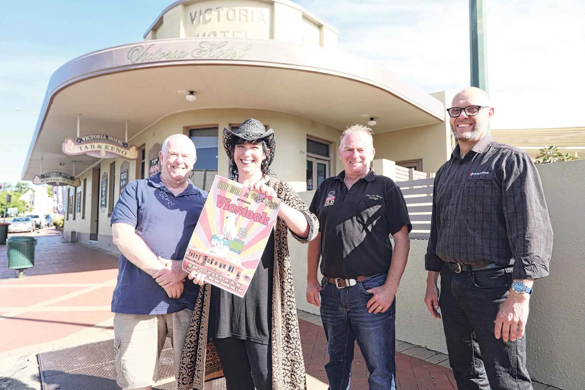 <p>VicStock is coming! Festival organisers Craig Mills, Esther-rose Parton, and Ben Landers with Vic Hotel publican Craig Wright.</p>\\n