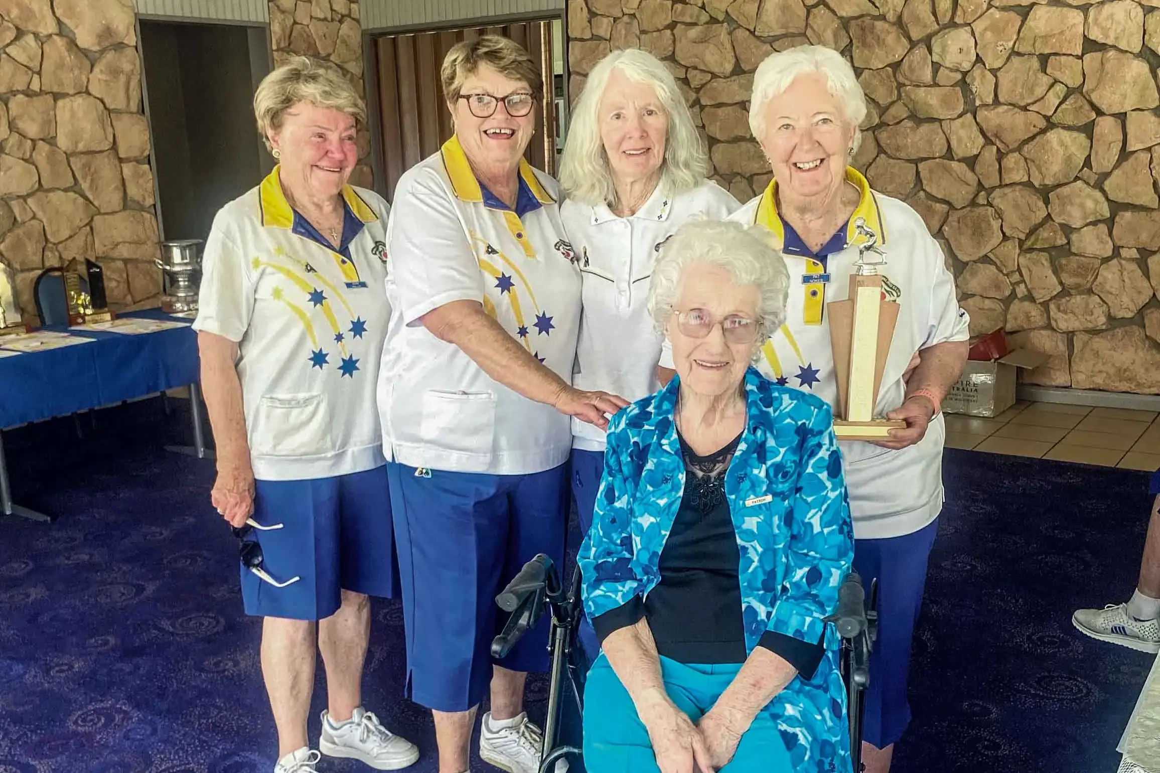 <p>Winners of the Kath McKenzie Trophy -Ann Kelly, Pat Stedman, Pat Swain and Pat Nokes - with patron May Phipps.</p>\\n