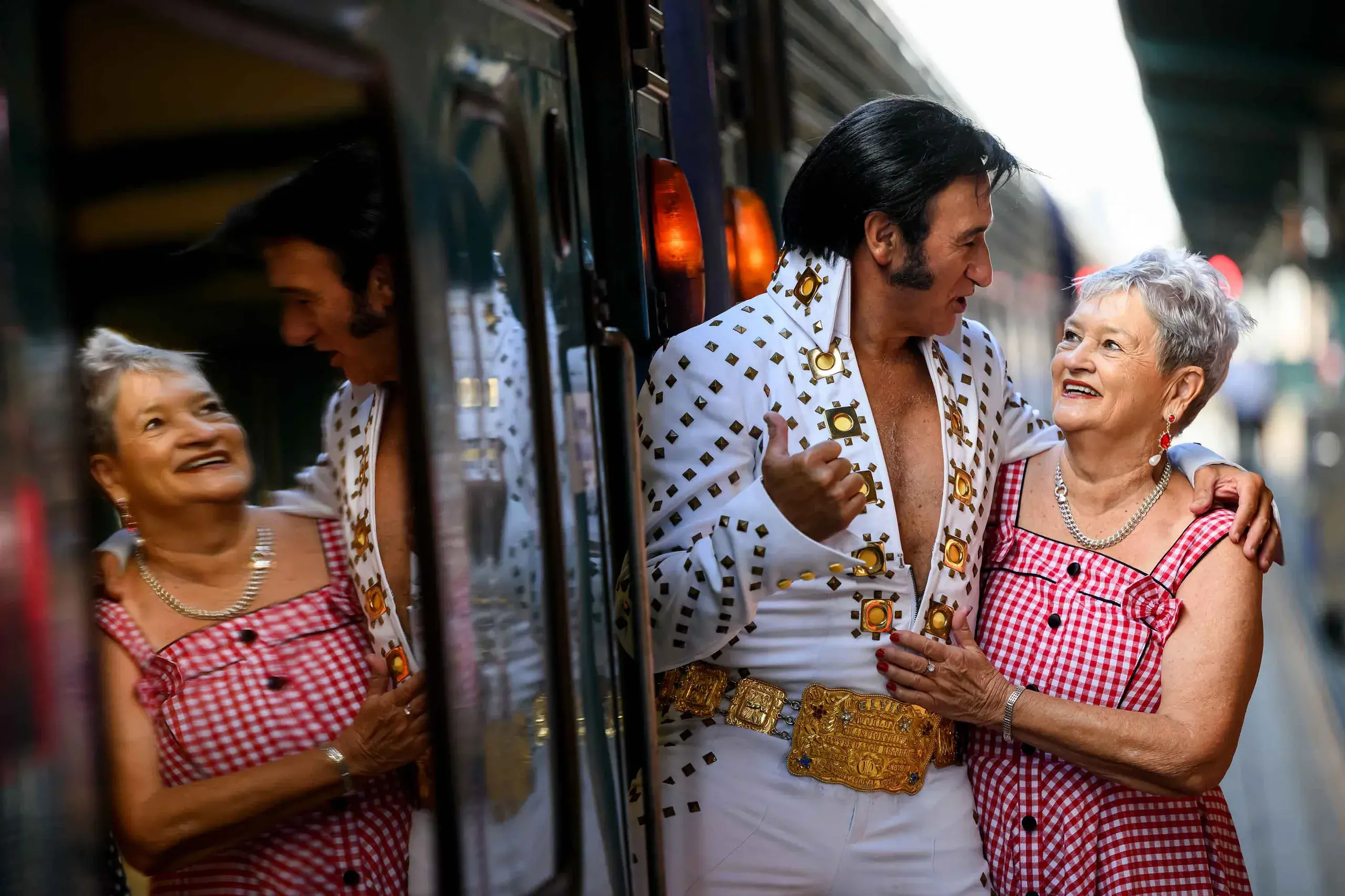 <p>Elvis Presley fans wait for the departure of the Elvis Express train, bound for Parkes, at Central Station in Sydney on Wednesday. Photo: AAP/Bianca De Marchi</p>\\n