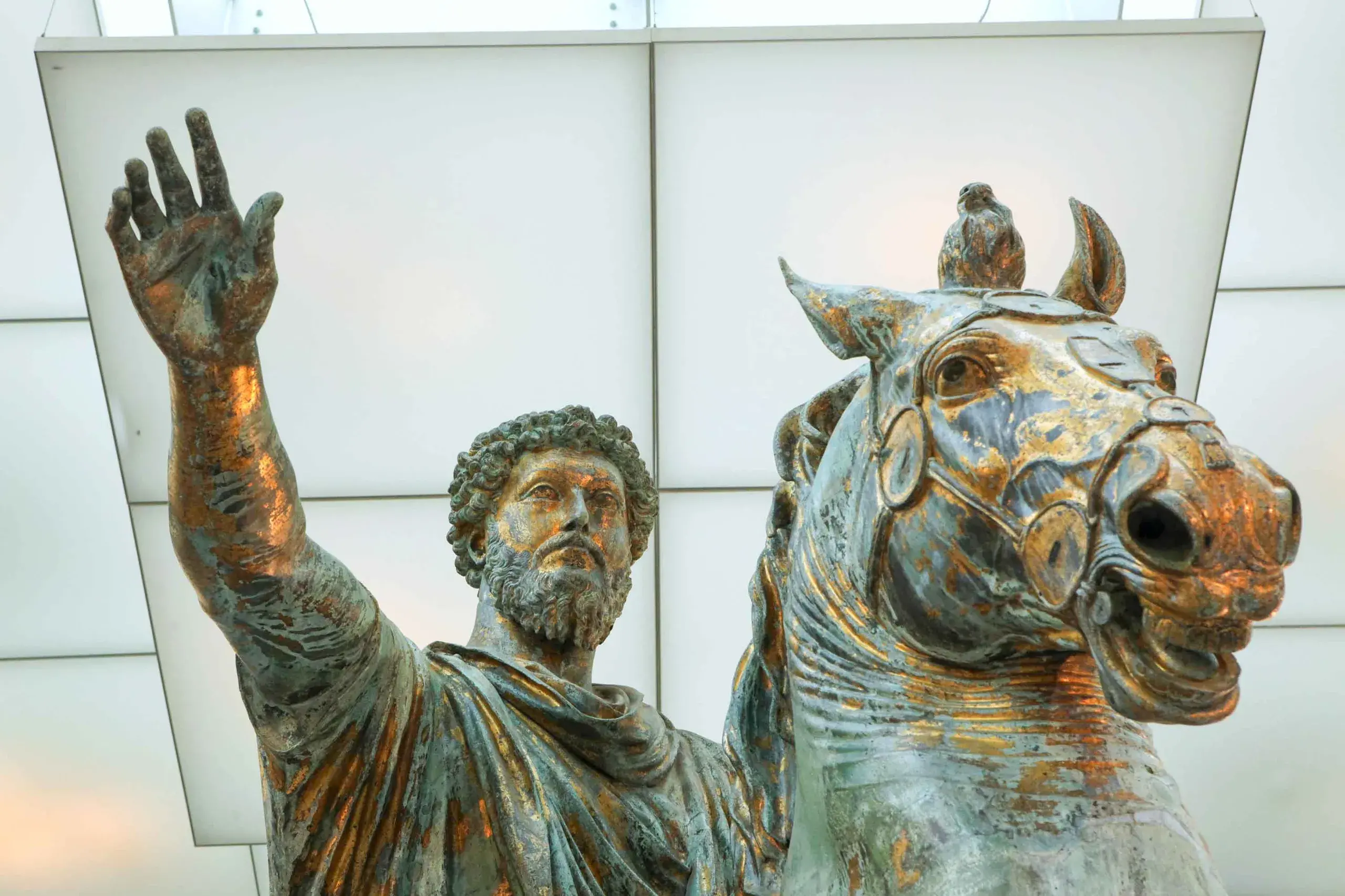<p>A statue of Marcus Aurelius, Roman Emperor and Stoic philosopher, outside the Capitoline Museum, Rome.</p>\\n