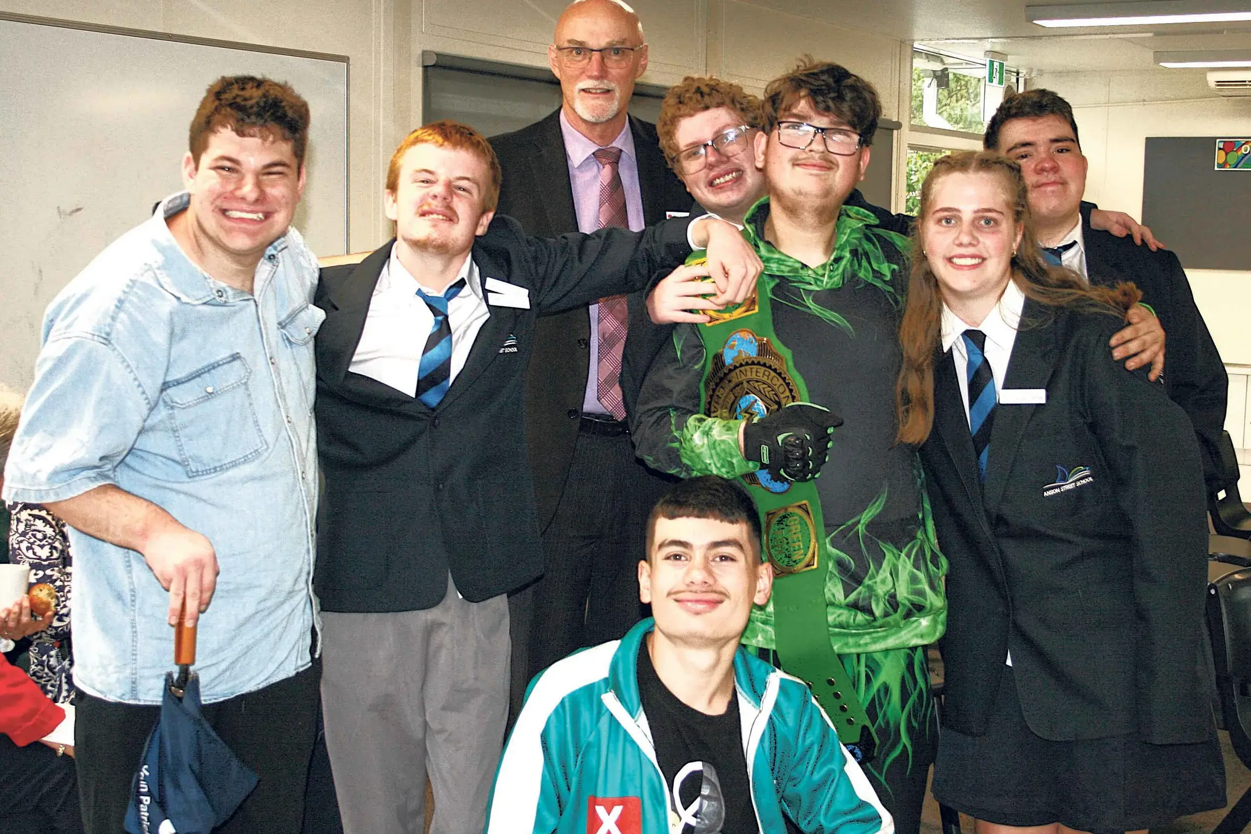 <p>Anson Street students at the recent induction of new school leaders, Alex and Riley; School Director, Duncan Auld; with Logan, Harrison, Ivy, David and, in front, Dylan. Photos: Orange City Life.</p>\\n