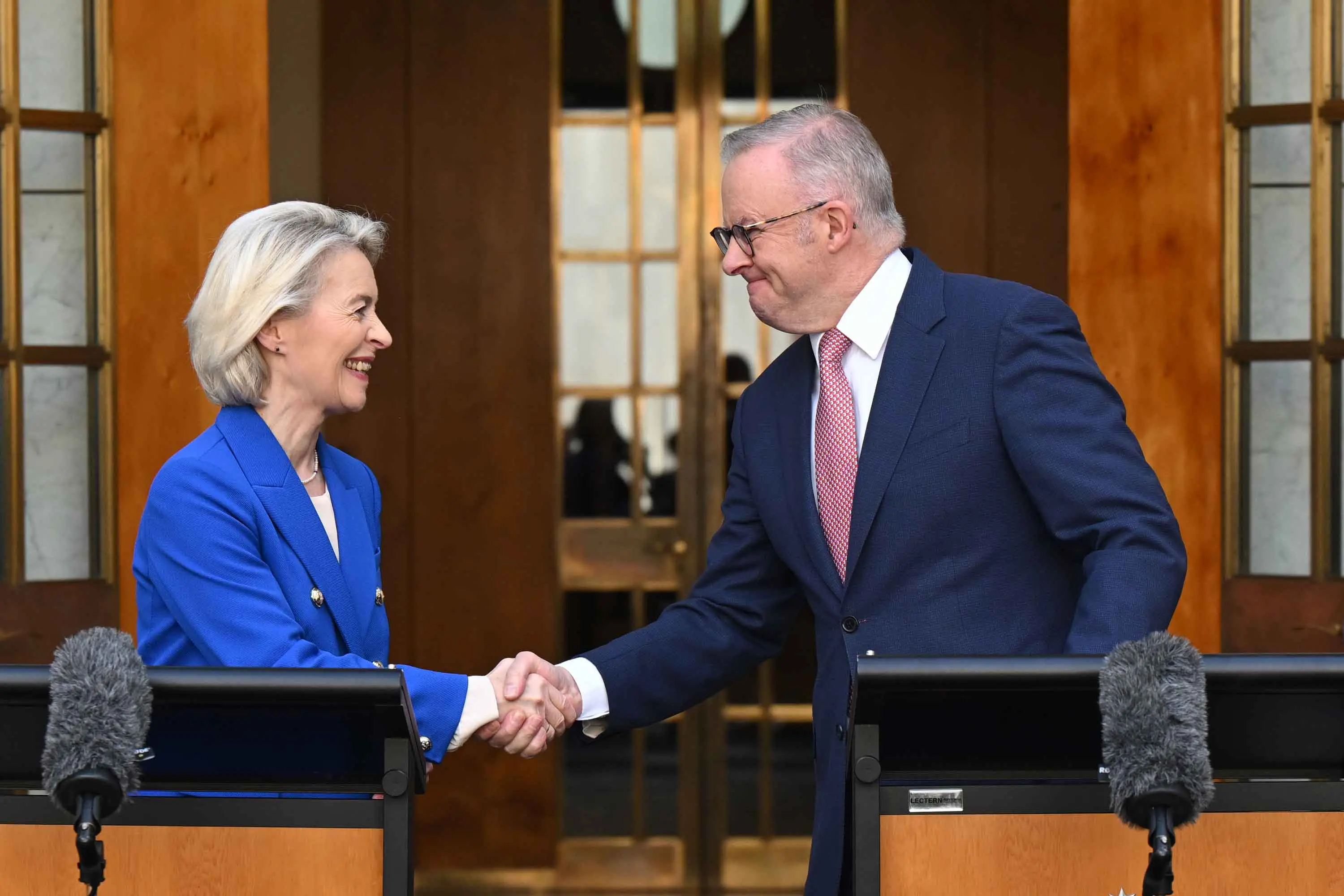 <p>The EU\\'s Ursula von der Leyen, left, visited Australia to ink the trade deal with Anthony Albanese. Photo: AAP/Lukas Coch</p>\\n