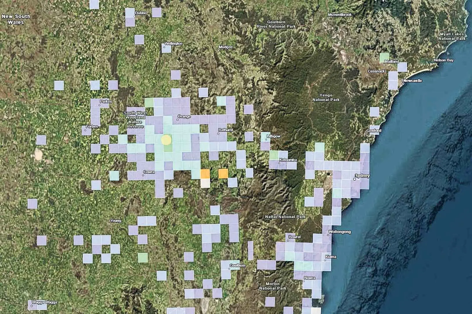 <p>The map shows how widely the magnitude-4.5 earthquake was felt across NSW, with Orange just to the northeast of the yellow circle indicating the epicentre. Image: Geoscience Australia.</p>\\n