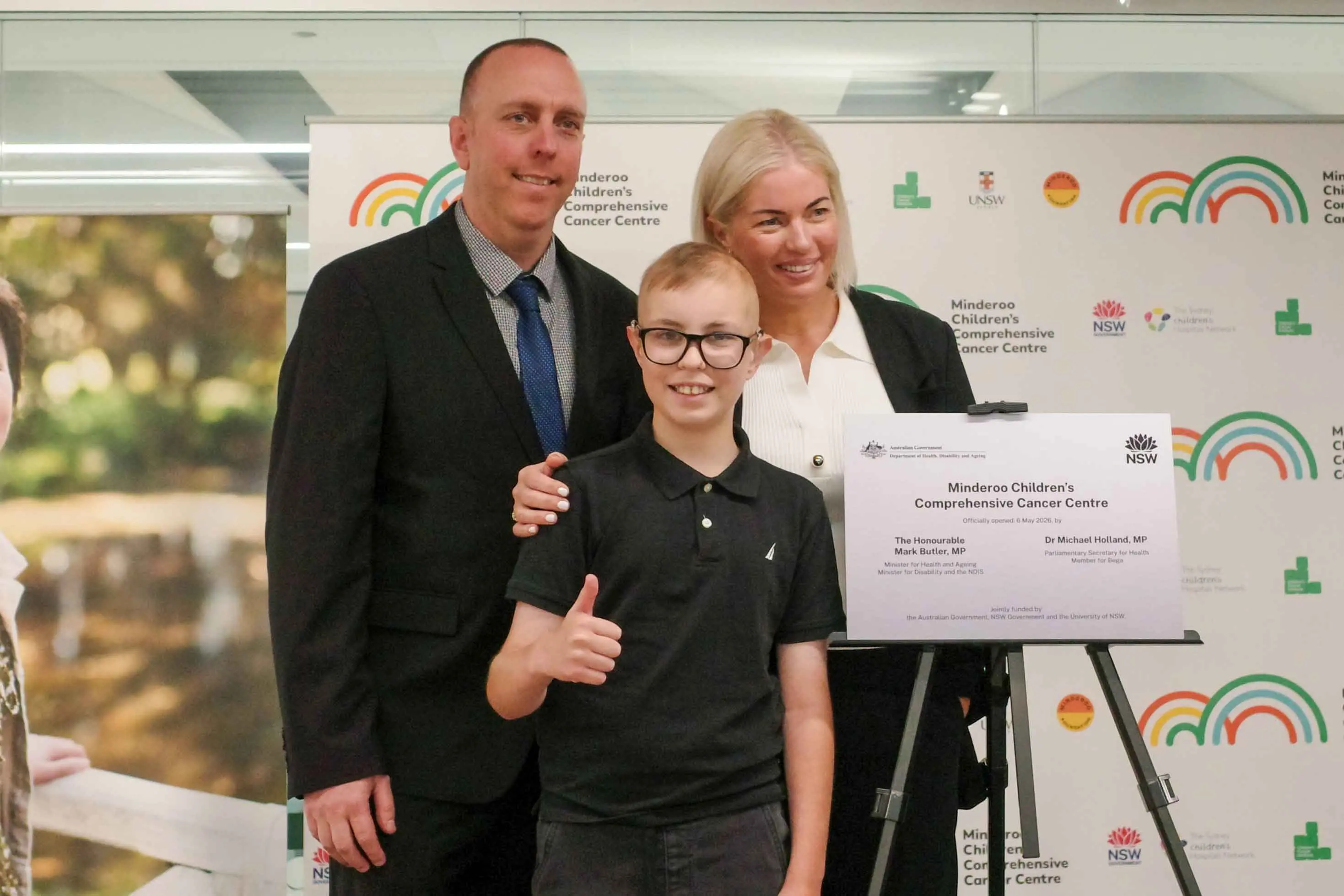 <p>Cancer survivor Jack O\\'Neill and his parents Alex and Tanya were special guests at the opening. Photo: AAP</p>\\n