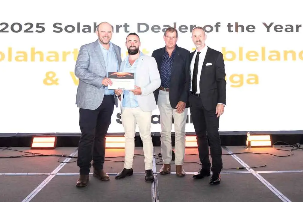 <p>Shining bright: Solahart Central Tablelands recently took-out the 2025 Solahart Dealer of the Year award at their 2026 National Conference, with, from left, Solahart Central Tablelands Director, Lloyd Gilbey;  Director of Solahart Shoalhaven (formerly with Solahart Central Tablelands), Alex Novotny; Solahart Central Tablelands Director, David Boulton; and Solahart Chief Customer Officer, Doug Phillips. Photo: Supplied</p>\\n