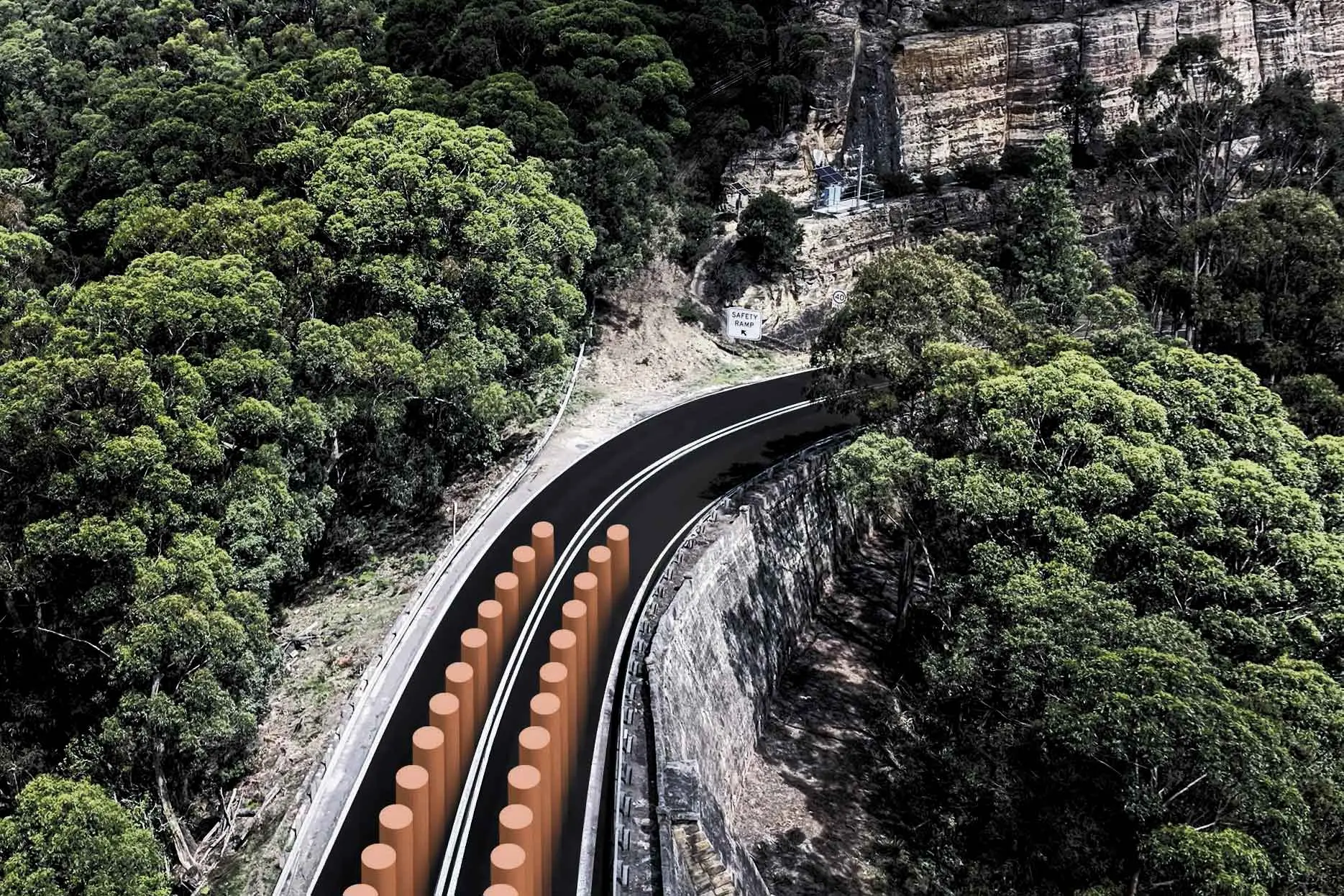 <p>We\\'re still at least a year away from seeing the Great Western Highway reopened at Victoria Pass. This image is from the planning for a new bridge that will sit over Mitchells Causeway with deep piles anchored into the stable bedrock below. Photo: Supplied</p>\\n