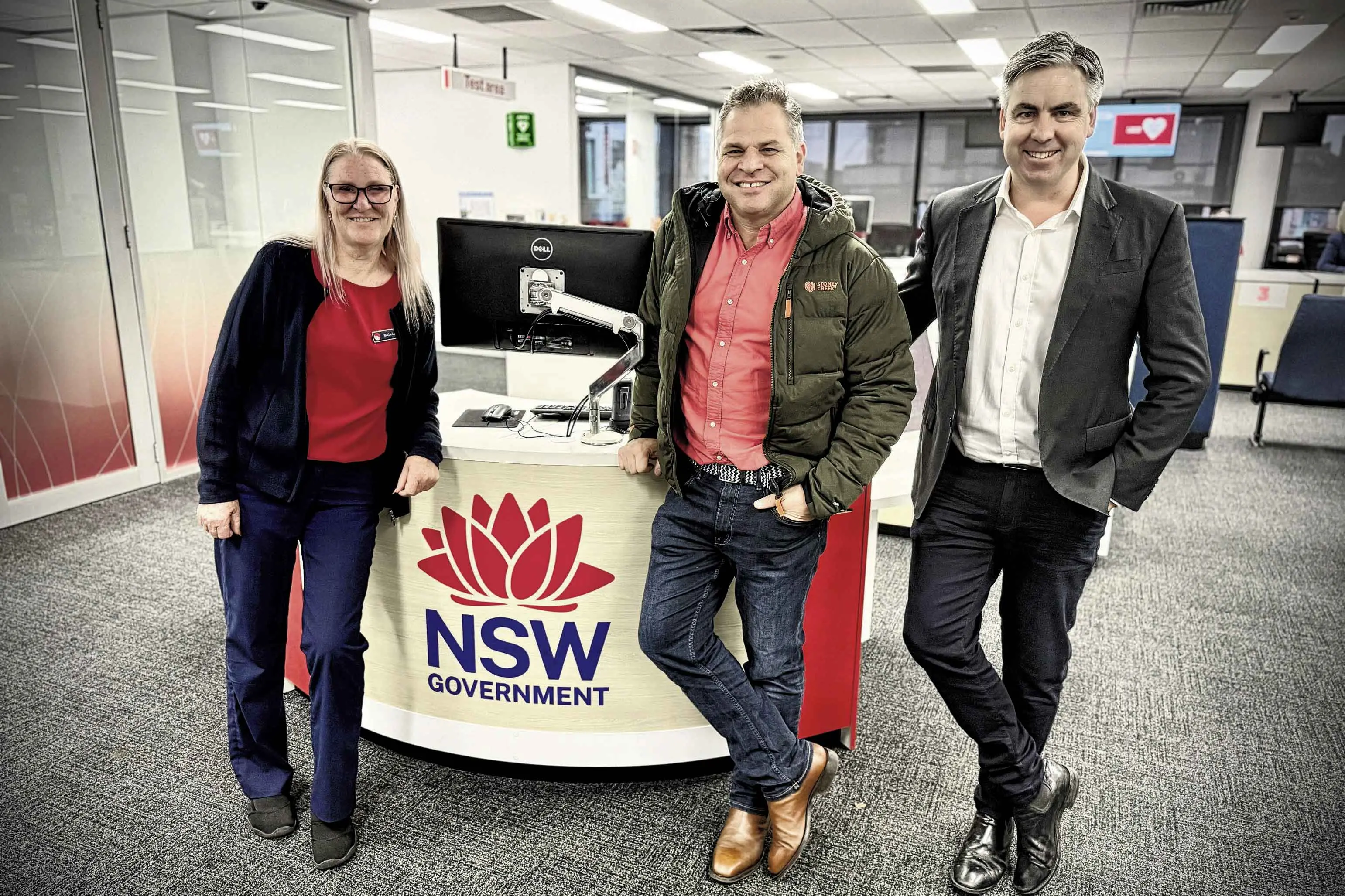 <p>Manager of Orange Service NSW Michelle Luck, Member for Orange Phil Donato, and Service NSW Managing Director Greg Wells inspecting the refurbishments.</p>\\n