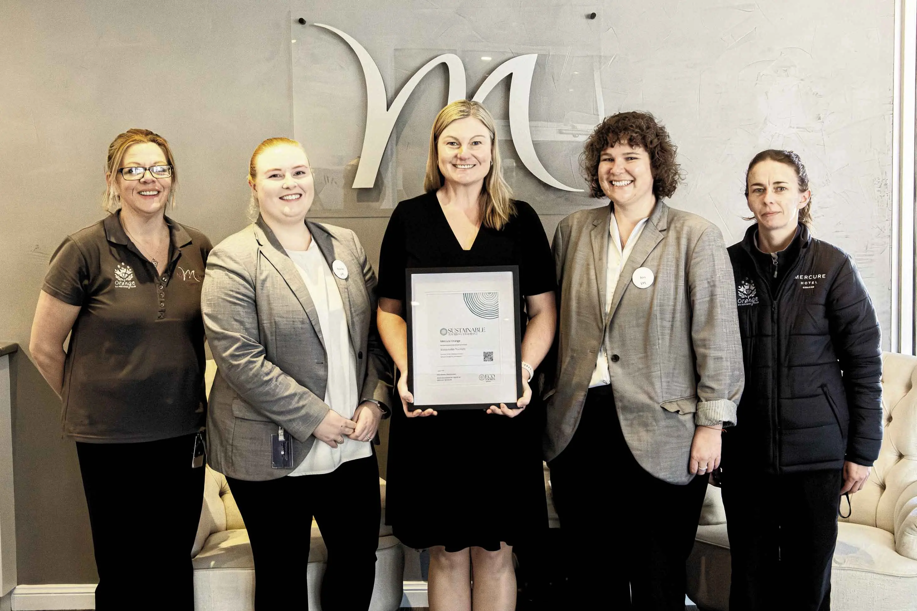 <p>Mercure Orange manager Kristy Wallace and the hotel team proudly displaying their Eco Certification through Ecotourism Australia.</p>\\n