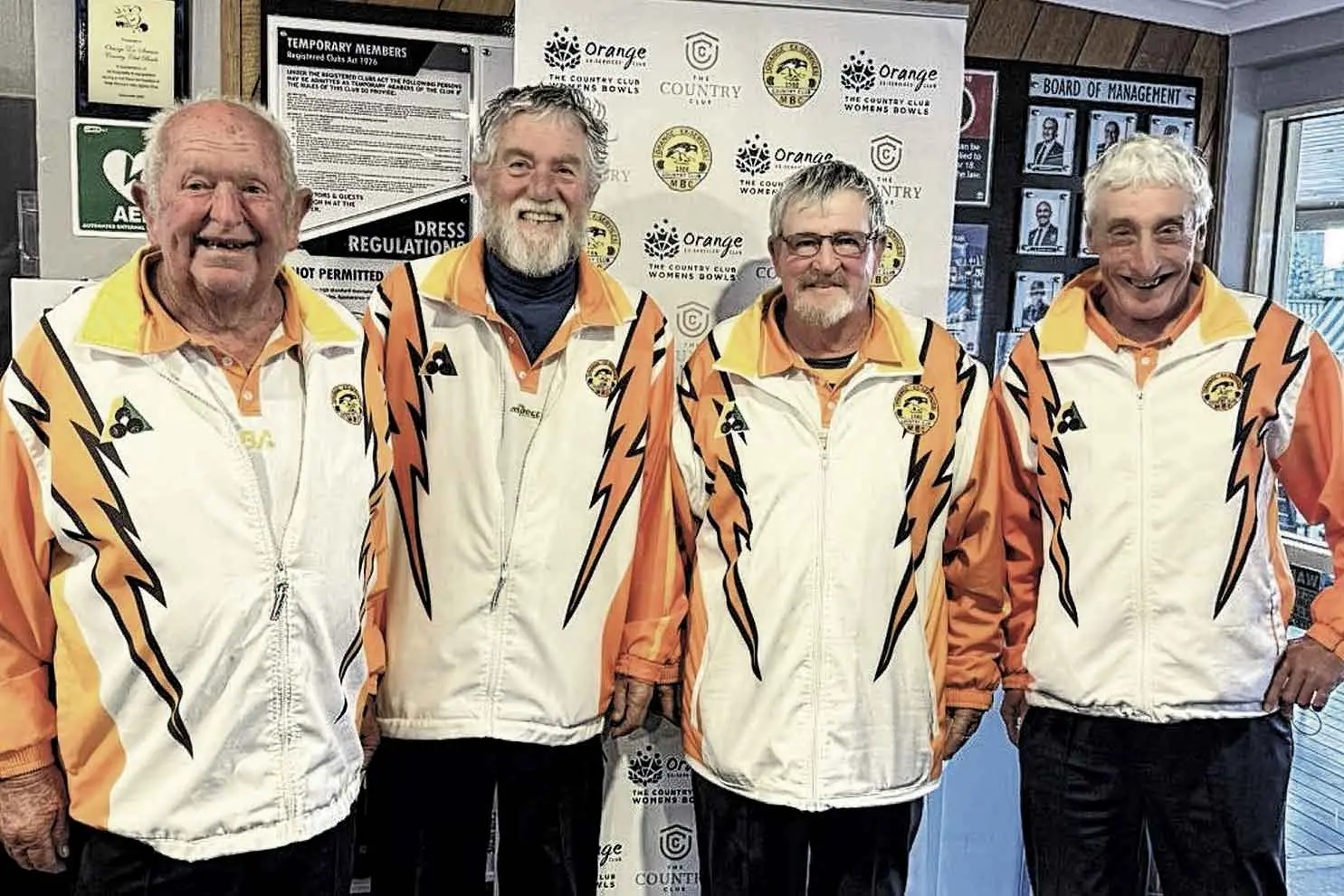 <p>Winners of the Orange Ex-Services\\u2019 County Club 2026 Restricted Triples Tournament: Matt McMullen, Dave Eves, and Al Gregory with Club Vice President Peter Baker.</p>\\n