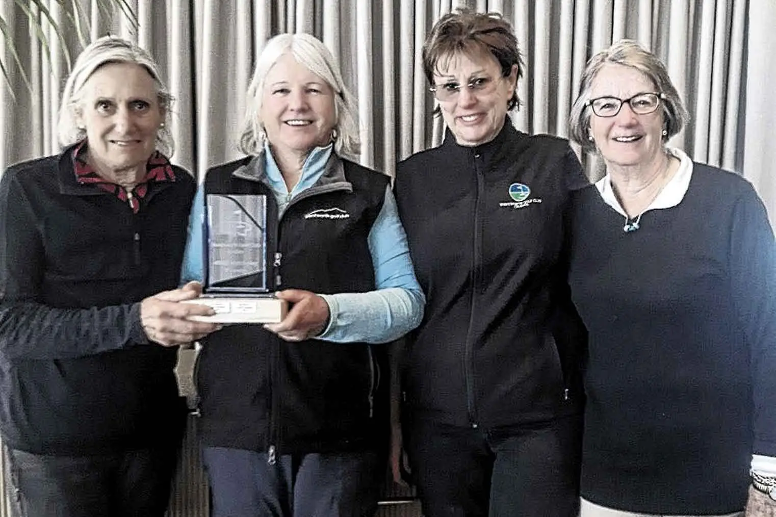 <p>Belinda Barrett and Annie Beaumont (with trophy) with Sue Gander and Helen Hubbard.</p>\\n